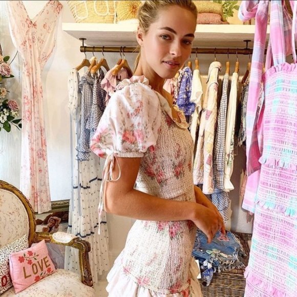 LoveShackFancy Violet Ruched Pink Floral Silk Mini Dress with Puff Sleeves - Picture 14 of 14